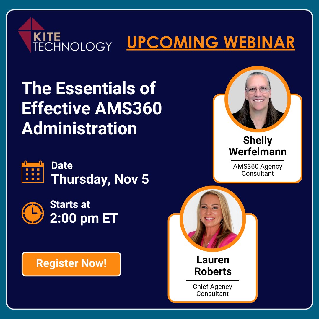 KiteTechGroup's tweet photo. AMS360 is at the center of many of your agency’s day-to-day operations, but keeping the system running effectively requires ongoing attention behind the scenes.

Ready to up your AMS360 administration game? Register for our upcoming webinar today!

https://t.co/4Pl8uA7yci https://t.co/ttS1aMprU8