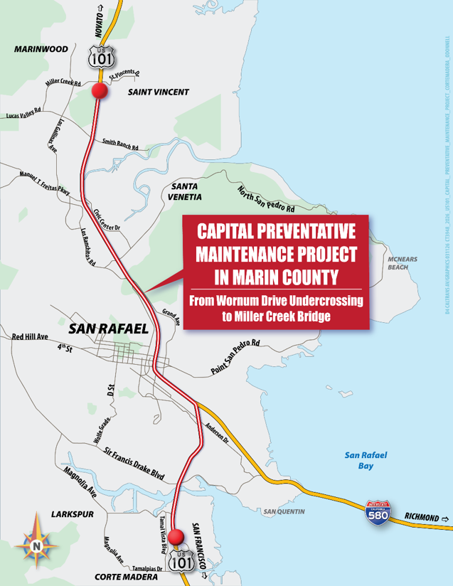 CaltransD4's tweet photo. #TRAFFICALERT: Caltrans will continue its CAPM project along US-101 in @maringov for paving as well as permanent pavement striping this week. For more, see: https://t.co/kGCtwQMX05 @CaltransHQ @MarinSheriff https://t.co/Rtfd5npXpf