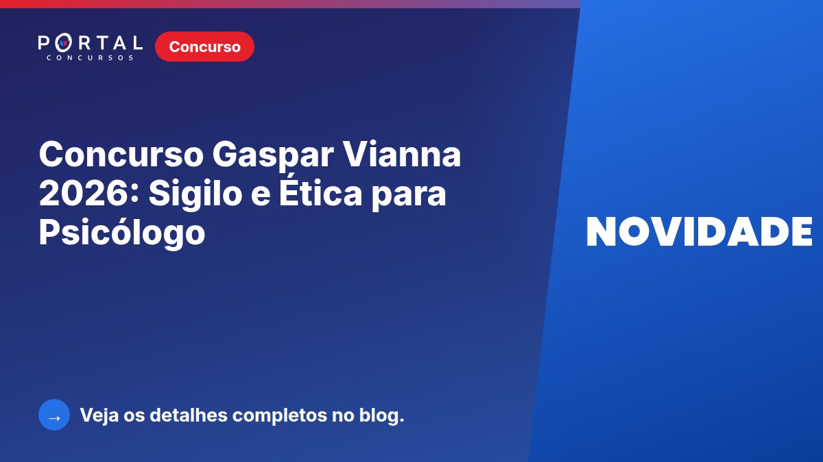 blogdoportal's tweet photo. Concurso Gaspar Vianna 2026: Sigilo e Ética para Psicólogo
Concurso Gaspar Vianna PA 2026: saiba como estudar Psicologia Hospitalar, sigilo profissional e prontuário para a prova da Consulplan.
Detalhes: https://t.co/6VlvDkCD1w https://t.co/QOPkl7D5XP