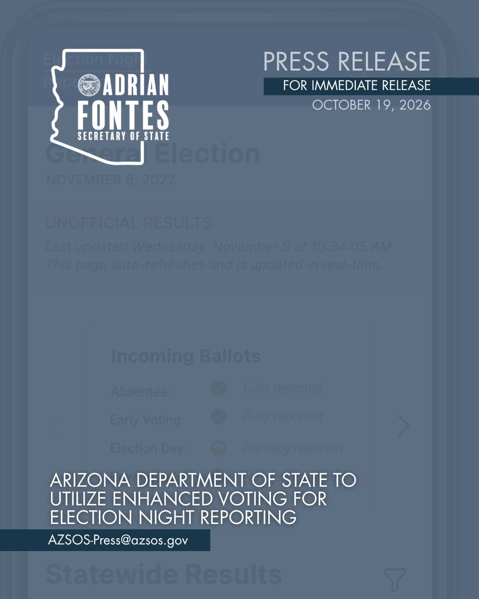 AZSecretary's tweet photo. PRESS RELEASE: Arizona Department of State to Utilize Enhanced Voting for Election Night Reporting https://t.co/sy1Q9xGuhB