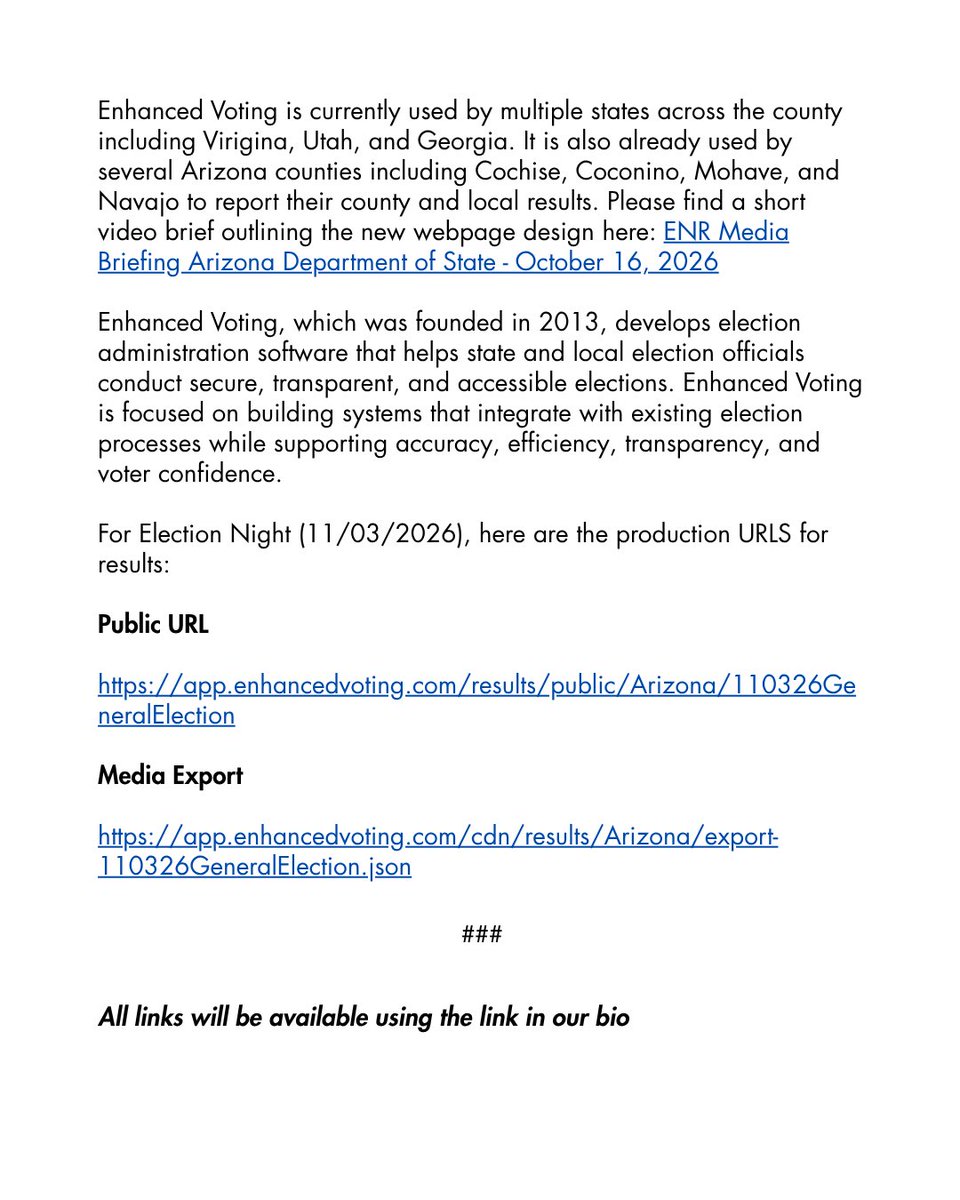 AZSecretary's tweet photo. PRESS RELEASE: Arizona Department of State to Utilize Enhanced Voting for Election Night Reporting https://t.co/sy1Q9xGuhB
