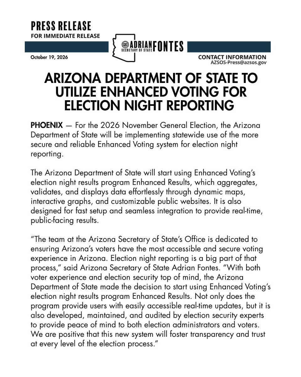 AZSecretary's tweet photo. PRESS RELEASE: Arizona Department of State to Utilize Enhanced Voting for Election Night Reporting https://t.co/sy1Q9xGuhB
