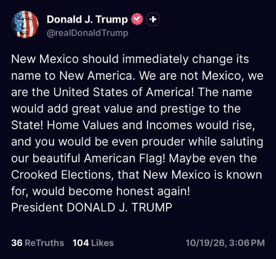 susankokandi's tweet photo. Trump: “New Mexico should immediately change its name to New America. We are not Mexico, we are the United States of America!”

WTF https://t.co/XdO7v5ZPcu