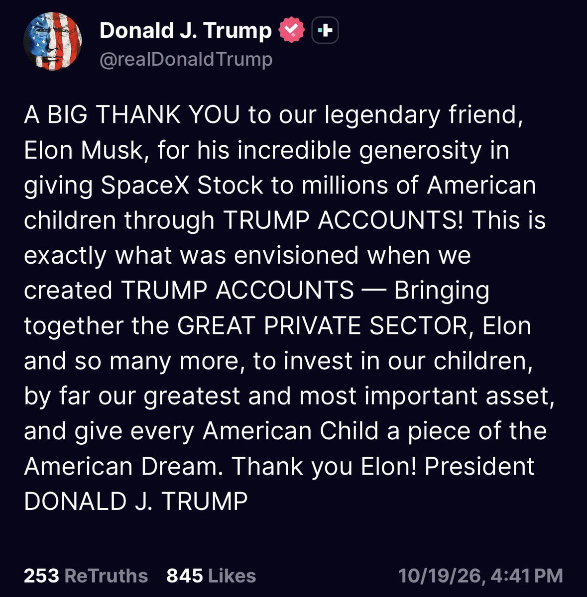 KobeissiLetter's tweet photo. BREAKING: President Trump issues a statement thanking Elon Musk for committing to donating one share of SpaceX, $SPCX, per American child through Trump Accounts. https://t.co/L069Xd3qP5