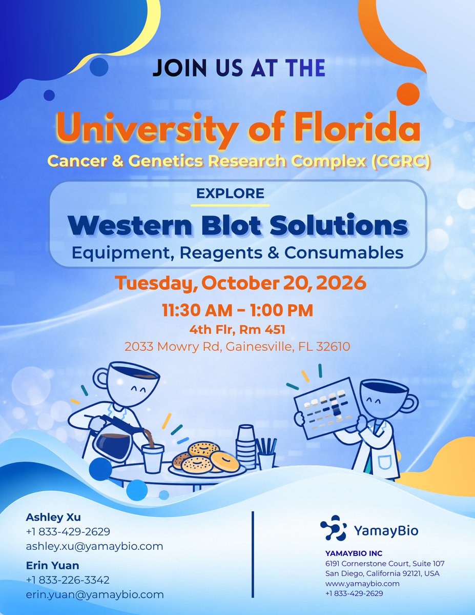 yamaybioinc's tweet photo. Florida, here we come!
YamayBio kicks off the first of 4 Florida research shows!
📍 University of Florida, CGRC, Rm 451
📅 Oct 20 | 11:30 AM–1 PM
Explore Western blot solutions, meet our team & enjoy coffee!
3 more stops to come!
#Research #Science #WesternBlot #LabLife https://t.co/Dt4090D55f