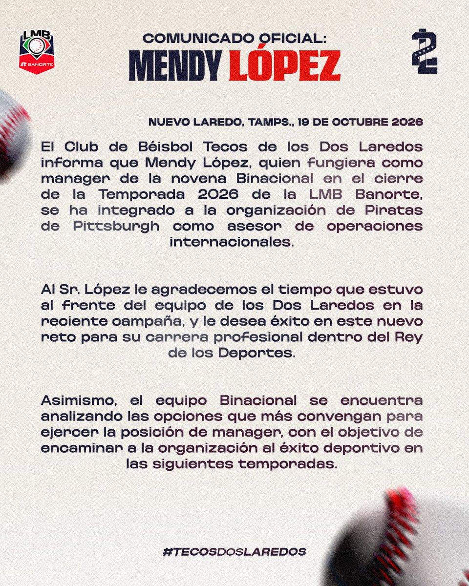 LaredosTecos's tweet photo. Comunicado oficial📑 𝐌𝐞𝐧𝐝𝐲 𝐋𝐨́𝐩𝐞𝐳.

Desde el equipo Binacional le deseamos éxito a Mendy López en su nueva encomienda con la organización de Pittsburgh.

#DosNacionesUnEquipo🇲🇽🇺🇸
#TecosNation🌎🦉 https://t.co/z4XV0qoHp0