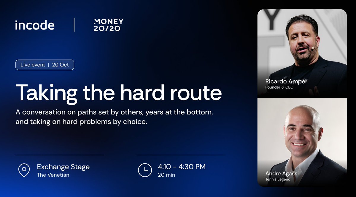 IncodeIdentity's tweet photo. Tomorrow at @money2020, @rickyamper, Founder &amp; CEO at Incode, sits down with tennis legend @AndreAgassi twice.

🎤 Taking the hard route. Taking on hard problems by choice.
🧭 Tue, Oct 20 | 4:10 to 4:30 PM
📍 Exchange Stage, The Venetian https://t.co/Olr8si1kRy