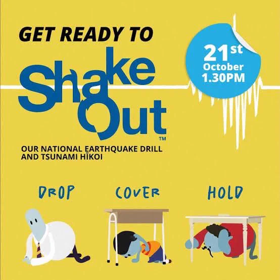 Ready to Drop, Cover, and Hold? New Zealand ShakeOut takes place on Wednesday, October 21, at 1:30 p.m. Practise what to do in an earthquake and check your emergency plans. Details: https://getready.govt.nz/involved/shakeout