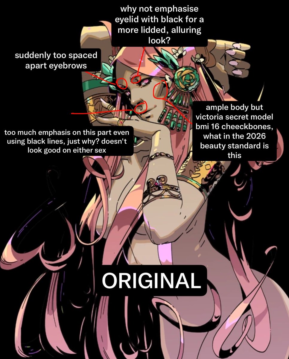 alexxozydu's tweet photo. my take on redisigning is that i dont understand why the godess of fertility would have 4% body fat face. it just looks really awkward with the rest of the design (ample thighs and chest). also a choice in emphasising features of the face that aren’t that flattering on any sex https://t.co/6OpGl5auEE