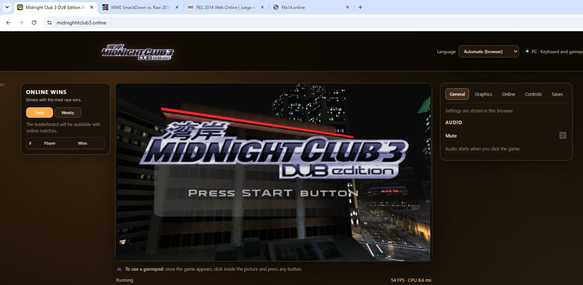 Slayoner's tweet photo. Tenemos 4 juegos más para jugar directamente desde navegador y con online:
Midnight Club 3 DUB edition
WWE SmackDown vs Raw 2011 
PES 2014
FIFA 14

Enlaces debajo https://t.co/uZHgJmBSnx