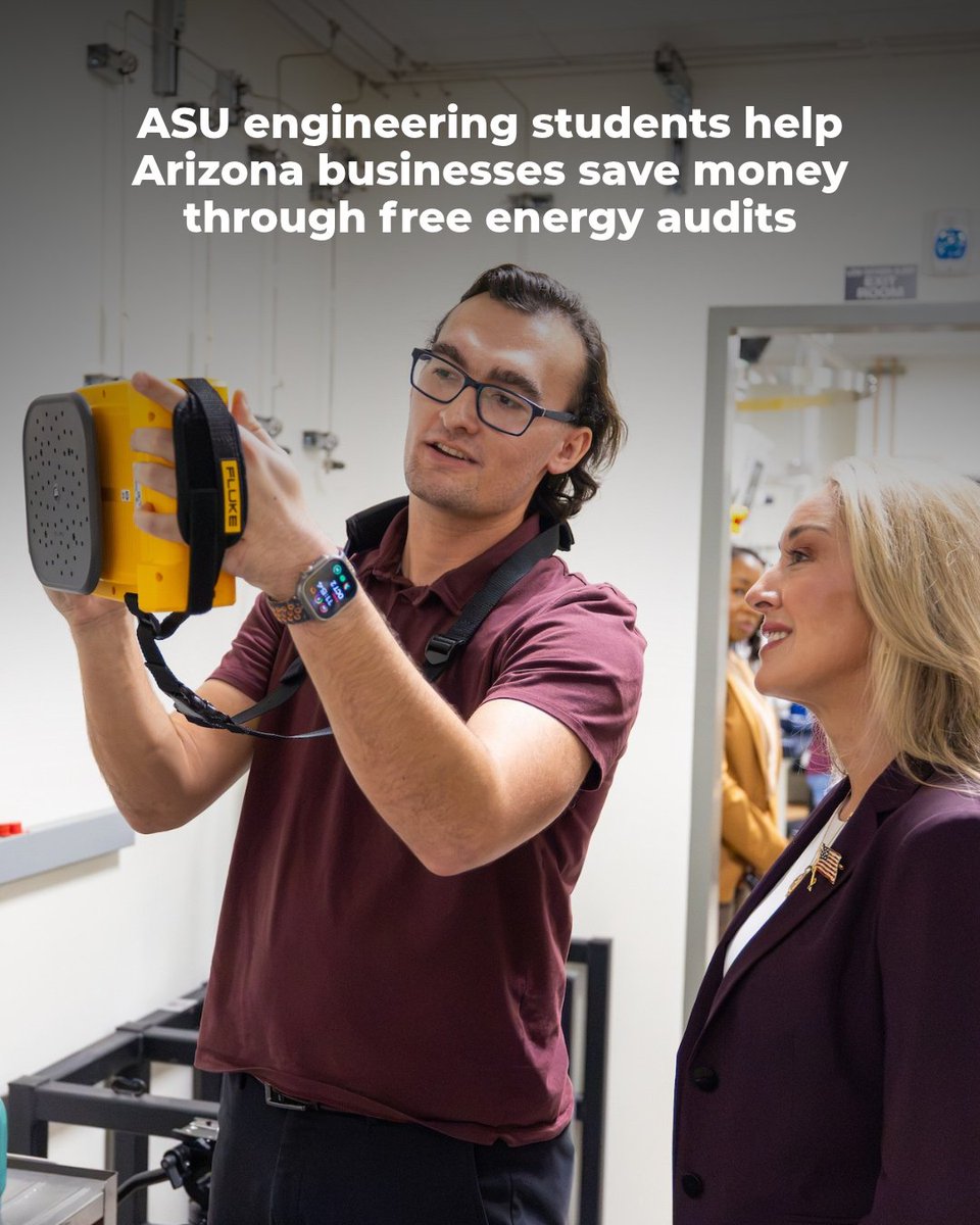 AZRegents's tweet photo. Arizona businesses have saved tens of thousands of dollars on energy costs thanks to free energy audits from @ASUEngineering students.

Through the Industrial Training and Assessment Center, the students gain work experience testing for energy inefficiencies like heat loss: https://t.co/mSw2m9fpcp
