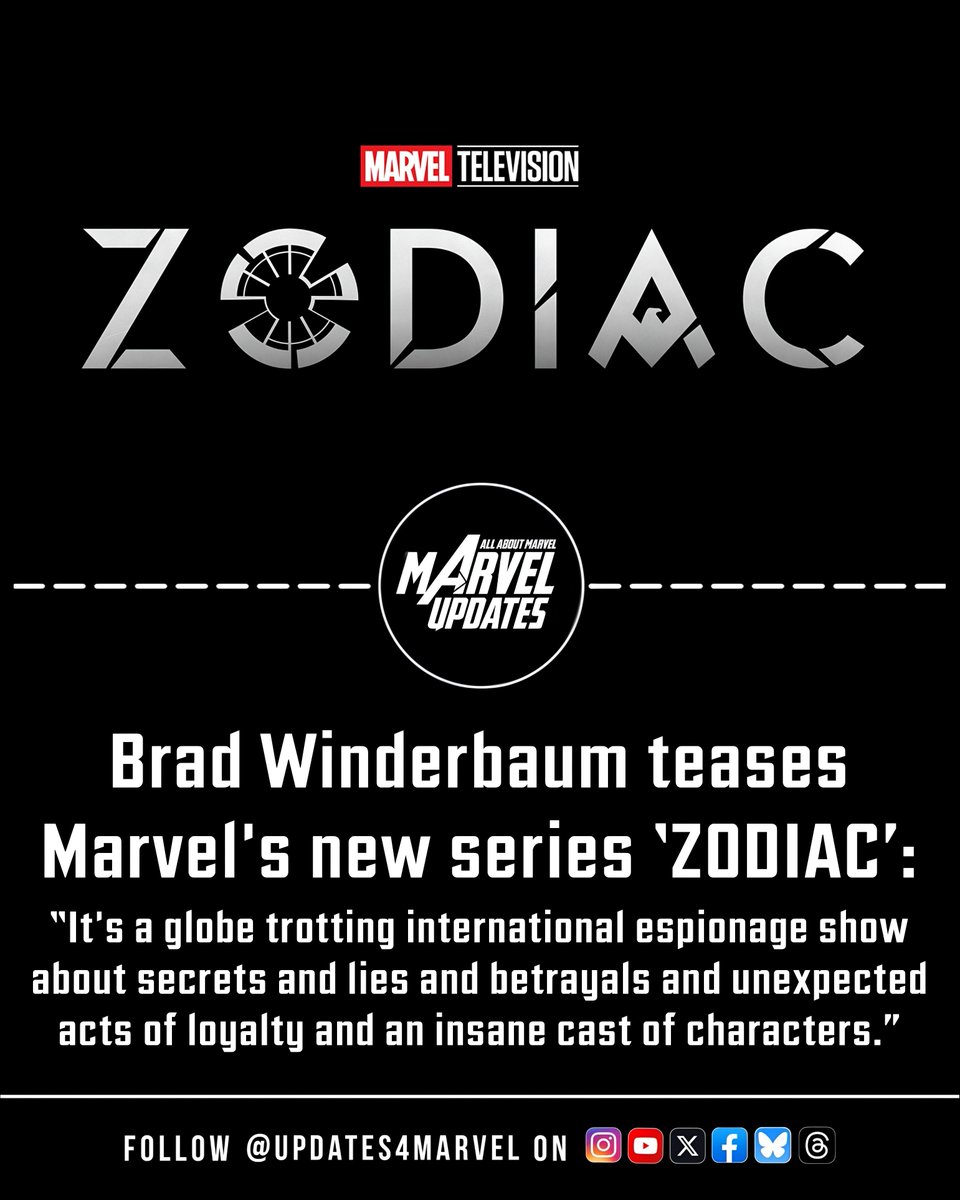 Updates4Marvel's tweet photo. Marvel’s ‘Zodiac’ Sounds Like a Wild International Spy Thriller!

Brad Winderbaum describes the upcoming series as a globe-trotting espionage story filled with secrets, lies, betrayals, unexpected loyalty, and a crazy cast of characters.

(Via: @Collider)

#Marvel #Zodiac #MCU https://t.co/E22HntBm4O