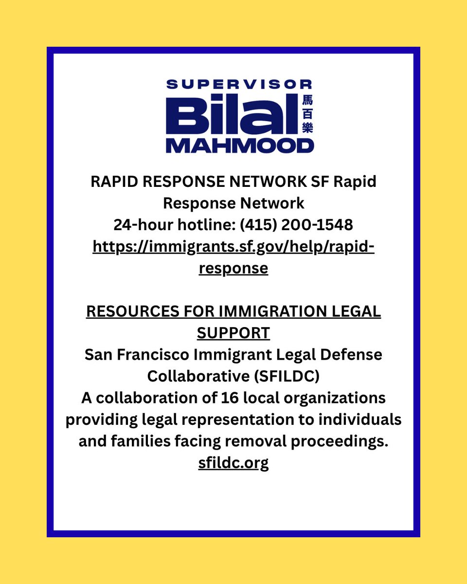 bilalmahmood's tweet photo. The recent videos and reports about ICE activity in SOMA are scary and unacceptable. This unlawful behavior by federal agents underscores the importance of looking out for one another and staying informed.

Here are resources at your disposal if you see any ICE activity in your area:

RAPID RESPONSE NETWORK SF Rapid Response Network
24-hour hotline: (415) 200-1548
https://t.co/6hNHunuyWz

RESOURCES FOR IMMIGRATION LEGAL SUPPORT
San Francisco Immigrant Legal Defense Collaborative (SFILDC)
A collaboration of 16 local organizations providing legal representation to individuals and families facing removal proceedings.
https://t.co/3Hz90Pw9fO

Attorney of the Day Program
Free phone consultations for unrepresented immigrants provided by the Justice & Diversity Center of the Bar
Association of San Francisco.
Phone: (408) 461-8795
Hours: Monday to Friday, 9 AM-2 PM; 3 PM-5 PM

San Francisco Immigrant Legal & Education Network (SFILEN) A network of 12 organizations offering free legal assistance and education to low-income immigrants.
Website: https://t.co/V5ioMyPi1m