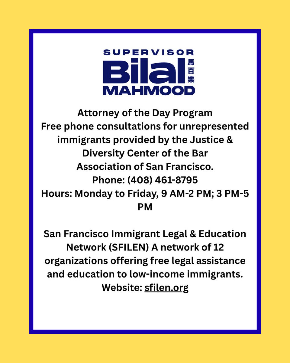bilalmahmood's tweet photo. The recent videos and reports about ICE activity in SOMA are scary and unacceptable. This unlawful behavior by federal agents underscores the importance of looking out for one another and staying informed.

Here are resources at your disposal if you see any ICE activity in your area:

RAPID RESPONSE NETWORK SF Rapid Response Network
24-hour hotline: (415) 200-1548
https://t.co/6hNHunuyWz

RESOURCES FOR IMMIGRATION LEGAL SUPPORT
San Francisco Immigrant Legal Defense Collaborative (SFILDC)
A collaboration of 16 local organizations providing legal representation to individuals and families facing removal proceedings.
https://t.co/3Hz90Pw9fO

Attorney of the Day Program
Free phone consultations for unrepresented immigrants provided by the Justice & Diversity Center of the Bar
Association of San Francisco.
Phone: (408) 461-8795
Hours: Monday to Friday, 9 AM-2 PM; 3 PM-5 PM

San Francisco Immigrant Legal & Education Network (SFILEN) A network of 12 organizations offering free legal assistance and education to low-income immigrants.
Website: https://t.co/V5ioMyPi1m