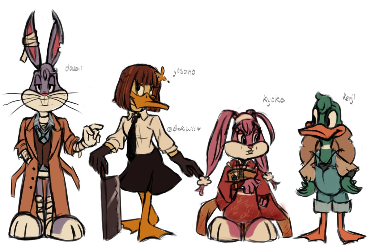 bakiniii's tweet photo. Aún tengo ciertos problemas terminando de encajar a los personajes, pero no les voy a mentir, me estoy divirtiendo muchooo haciendo esto. 

Tal vez los cambie más adelante quien sabe
#baffy #looneytunes #soukoku #bsd https://t.co/tVwqIsfAMm