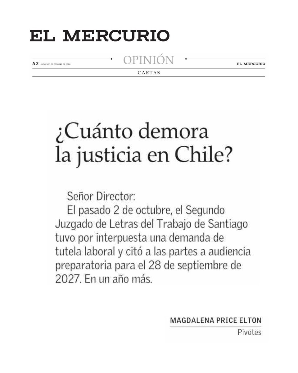 Pivotes_cl's tweet photo. Ya lo advertía Séneca: “Nada se parece tanto a la injusticia como la justicia tardía” ✍️

En su carta en El Mercurio, Magdalena Price Elton, de Pivotes, pone el foco en una brecha difícil de ignorar: la ley fija 35 días para una audiencia de tutela laboral, pero en el caso que cita el tribunal la programó 361 días después.

El problema no es solo de plazos. Cuando las instituciones no cumplen sus propias reglas, también se deteriora la confianza en ellas.

Lee la carta completa en https://t.co/3i0iET2tRZ