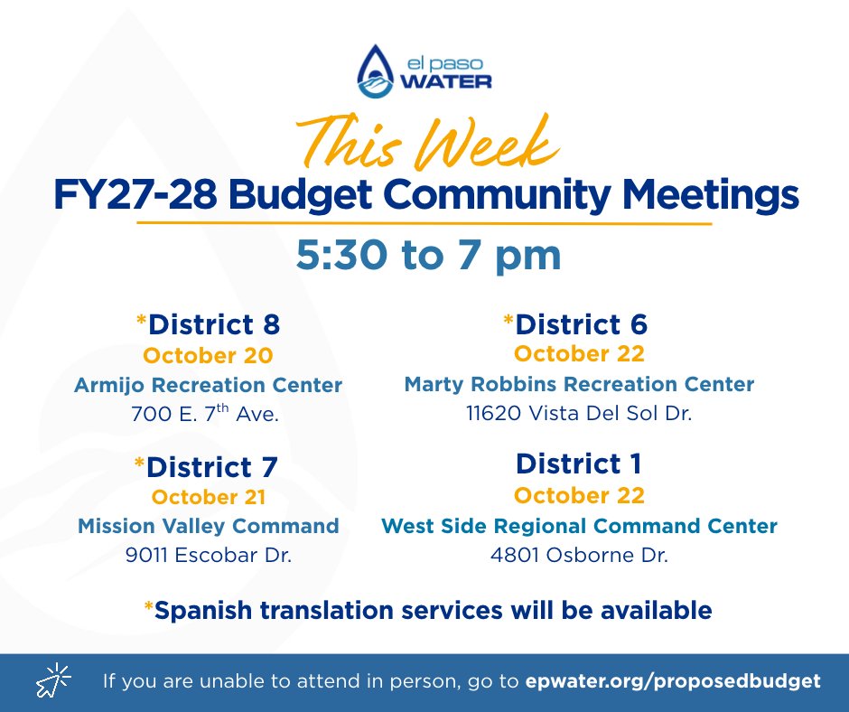 EPWater's tweet photo. Take a look at the locations for this week's community budget meetings. Hear a presentation on the proposed budget, speak to subject matter experts and provide feedback for the Public Services Board. Click the link to learn more https://t.co/NEW9o93t1U https://t.co/fcxmD9Fx6n
