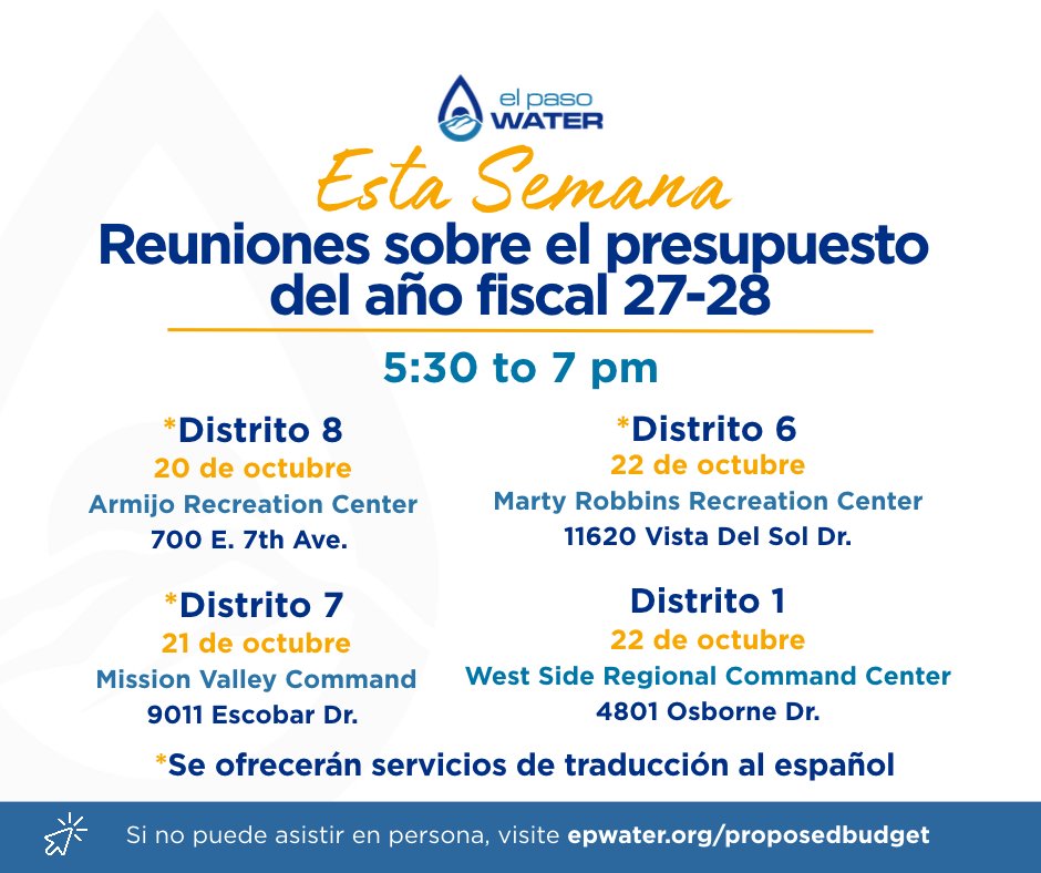 EPWater's tweet photo. Take a look at the locations for this week's community budget meetings. Hear a presentation on the proposed budget, speak to subject matter experts and provide feedback for the Public Services Board. Click the link to learn more https://t.co/NEW9o93t1U https://t.co/fcxmD9Fx6n