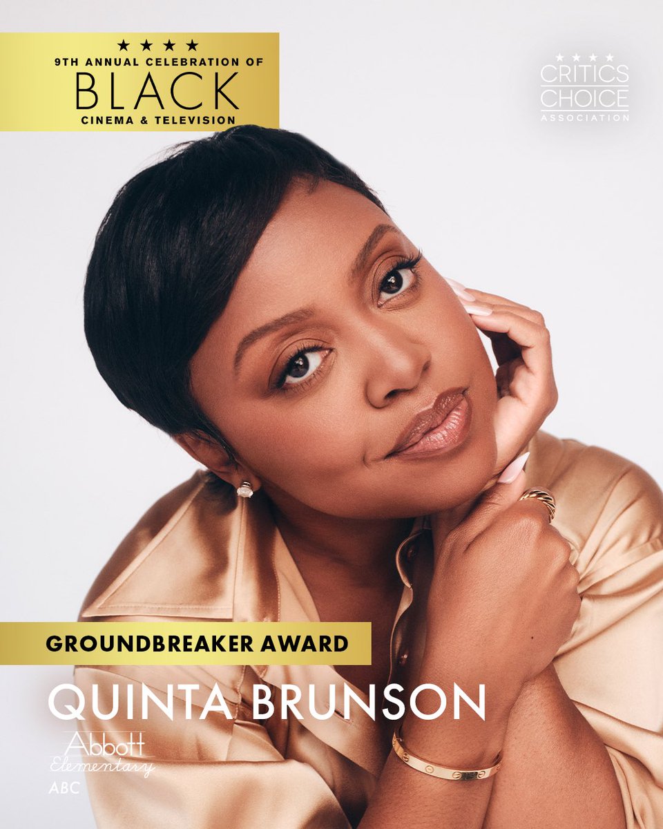 CriticsChoice's tweet photo. Congratulations to Quinta Brunson! ✨ 
The two-time Emmy Award winner and Critics Choice Award winner will receive the Groundbreaker Award at the 9th Annual Critics Choice Celebration of Black Cinema & Television!

Brunson is being recognized for creating, executive producing and starring in ABC’s hit comedy “Abbott Elementary,” which premiered its sixth season on October 7th!

🏆 The 9th Annual Critics Choice Celebration of Black Cinema & Television takes place Monday, November 16, 2026, in Los Angeles! 

Follow @ccblackcinema for all the BTS.
#CriticsChoice #CelebrateBlackCinema #QuintaBrunson #AbbottElementary