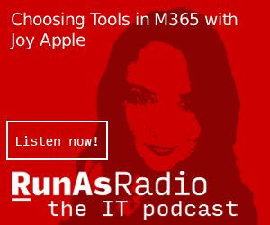 RunAsRadio's tweet photo. “My number one piece of advice is: What's your core? What are the core things you need? Because you don't have to roll out every tool out there.”

Joy Apple talks on RunAs Radio at https://t.co/lP4C6rUCbw about the choices in M365. https://t.co/c7L0Za38zu