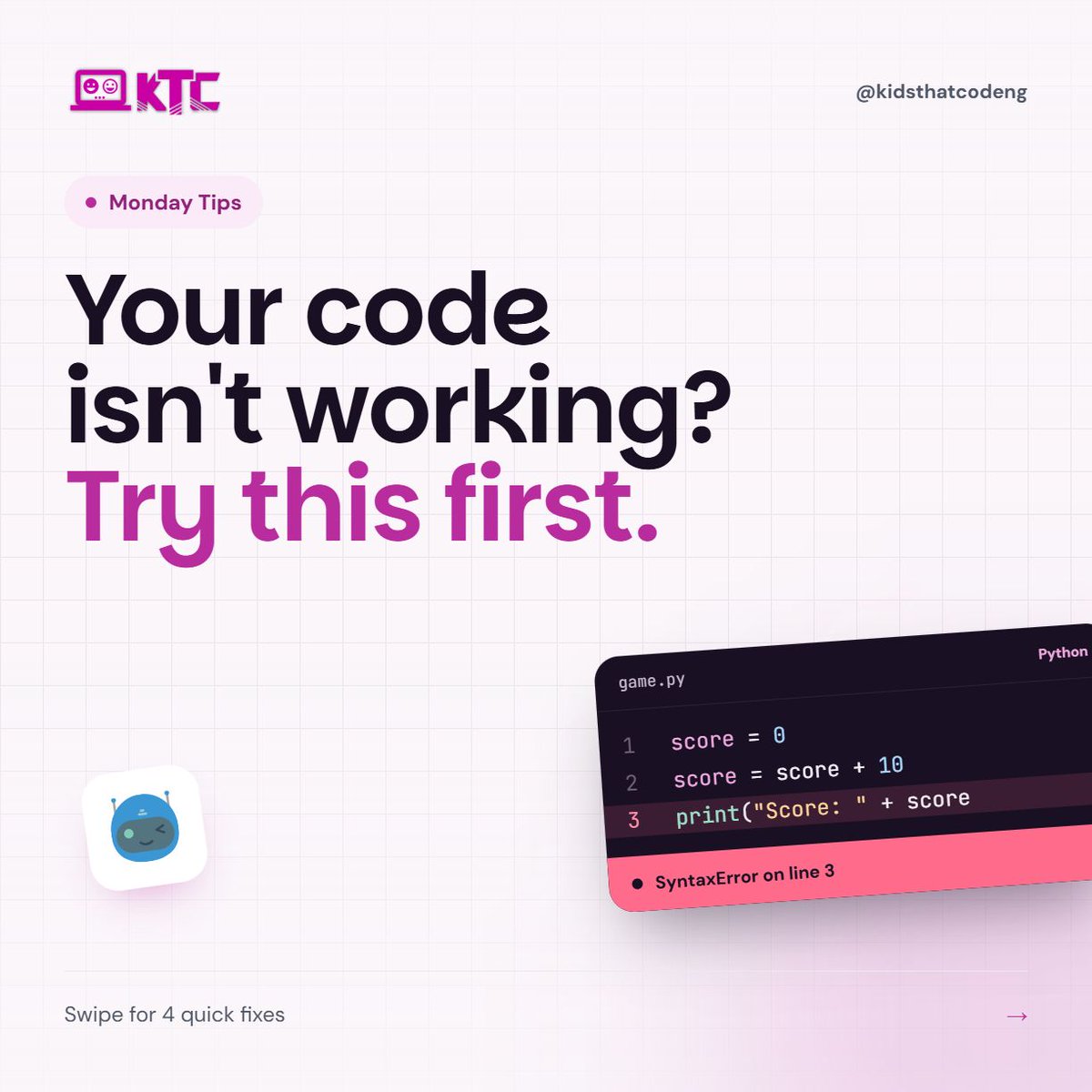 kidsthatcodeNG's tweet photo. Your code isn't working? Don't panic — every coder has been here 🐛 4 quick fixes before you ask for help 🧵 https://t.co/2ColwoM1Wd