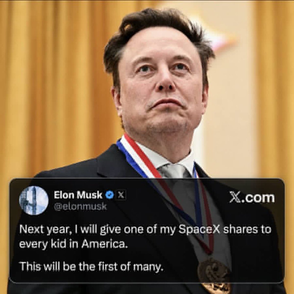 CyberDefenseSEC's tweet photo. Elon Musk to give every child in America a SpaceX share next year

The recent U.S. Census Bureau estimated about 72 million children under 18. At SpaceX’s October 16, 2026 closing price of $146.03, one share per child would represent roughly $10.52 billion. https://t.co/8RKH7vAFHm