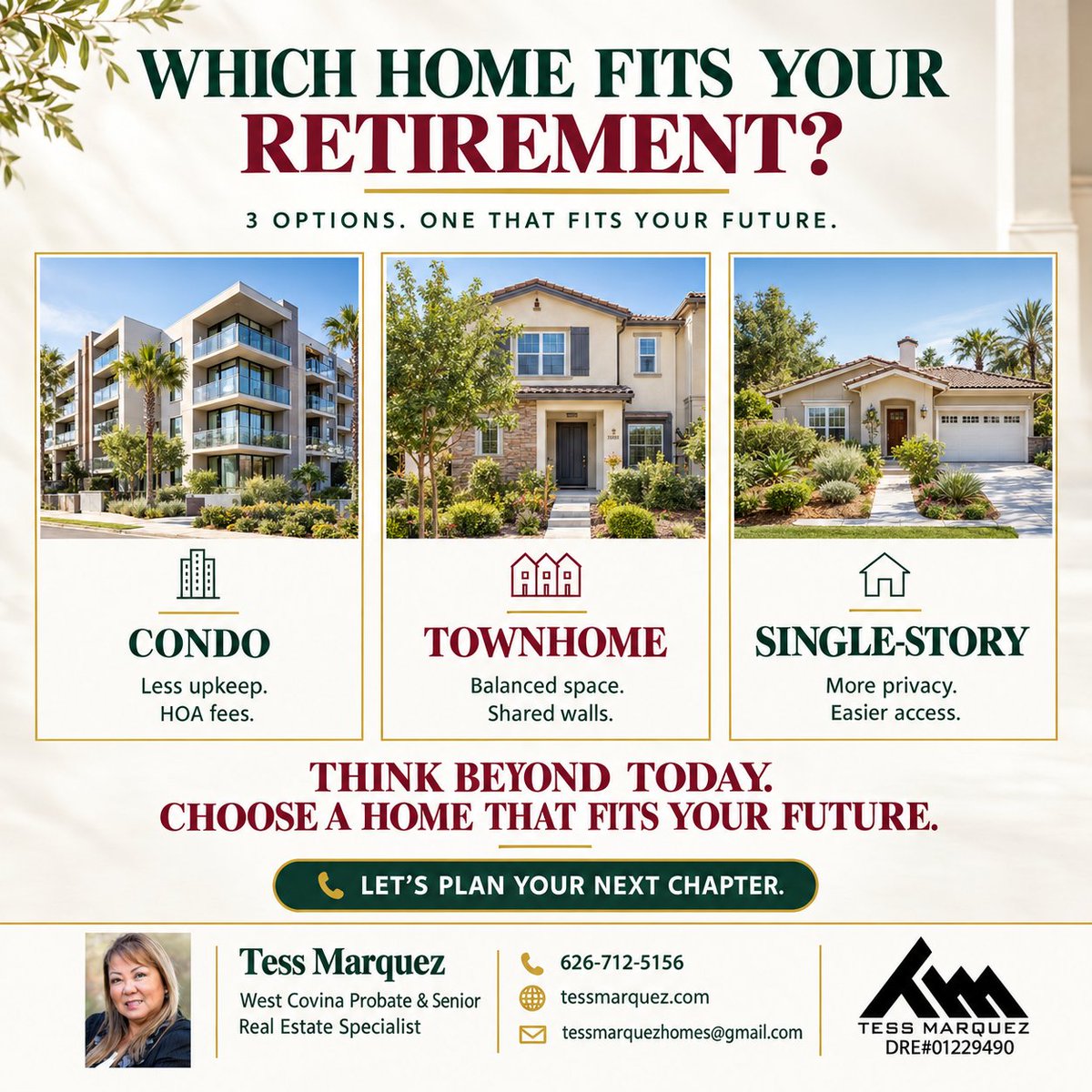 Tess_Marquez's tweet photo. ๐ก Retirement plans? Your home should fit your future. Condo, townhome, or single-storyโwhich suits your lifestyle?
Thinking of downsizing? Let's explore your options.
Tess Marquez | 626-712-5156
#SeniorRealEstate #Downsizing #HomeBuying https://t.co/TOwcm8YWO7