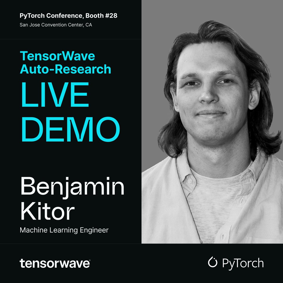 tensorwave's tweet photo. We'll be at PyTorch. Will you?

Stop by booth #28 for a live demo on TensorWave Auto-Research with Machine Learning Engineer Benjamin Kitor.

Come see it in action, ask your questions and meet the TensorWave team.

San Jose Convention Center, CA

See you there! https://t.co/gKglp8UGz8