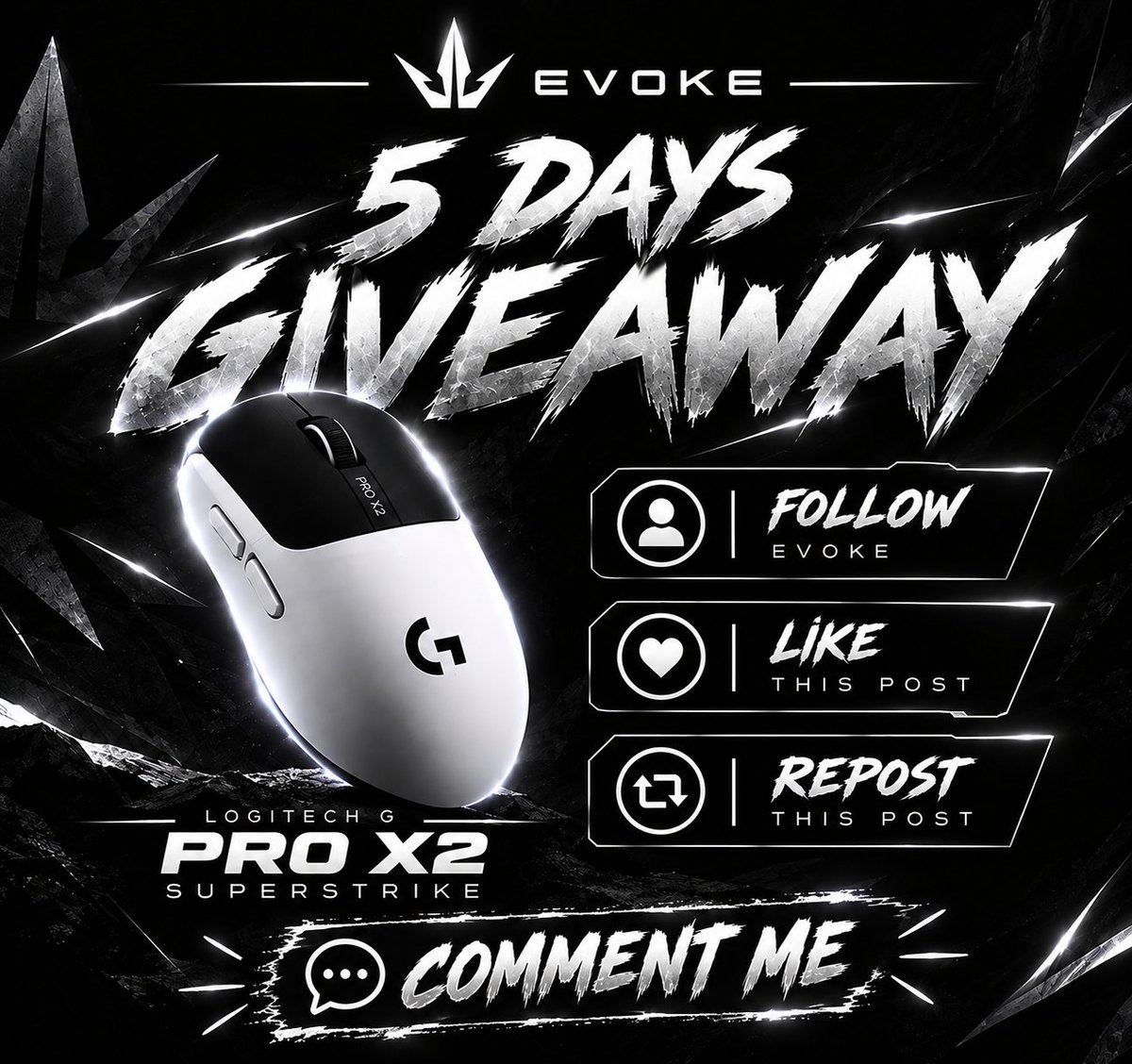 EvokeEsport's tweet photo. 5 DAYS LEFT! ⌛️  

Enter our Logitech G PRO X2 SUPERSTRIKE giveaway! 🖱️

Follow, like, comment, "Me" &amp; repost to enter 📢 

🎁Entries close in 7 days.Winner announced afterward!

Good luck!   #superstrike #giveaway #esports https://t.co/i7ZLcWROyi
