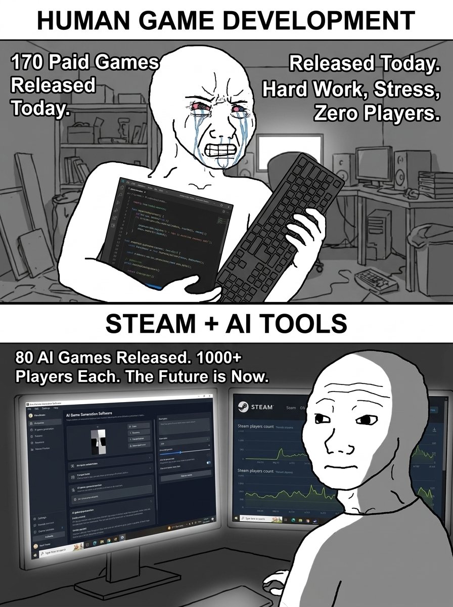 unity3dvfx's tweet photo. 170 paid games released today on Steam. 80 used AI disclosure. 60/80 have 0 players. https://t.co/p23mnsV8we