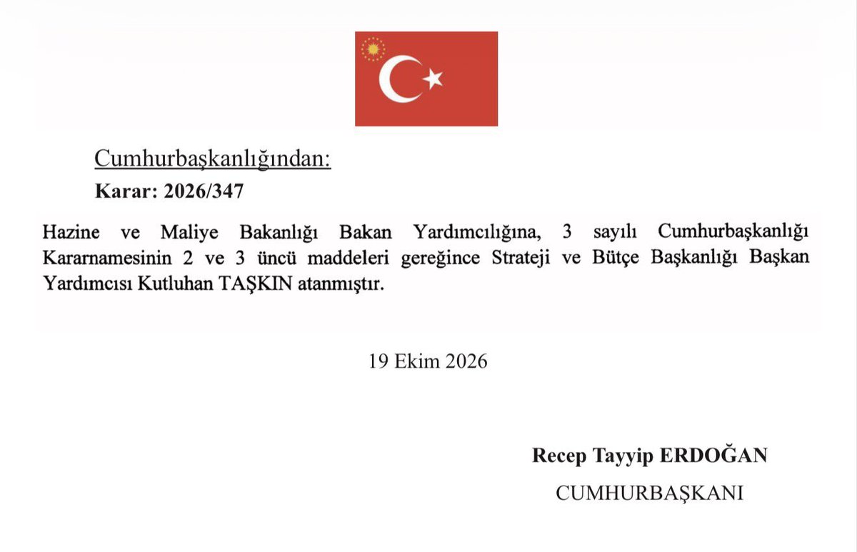 Tengri0653's tweet photo. Hazine ve Maliye Bakanlığı Bakan Yardımcılığına, Strateji ve Bütçe Başkanlığı Başkan Yardımcısı Kutluhan TAŞKIN atandı. https://t.co/J2zPQXesTg