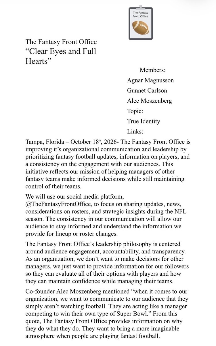 FFRONTOFFICE1's tweet photo. Here you will find The Fantasy Front Office’s most recent press release that explains more about us as an organization and what we bring to the table. #FantasyFrontOffice https://t.co/YljyN1DH9H