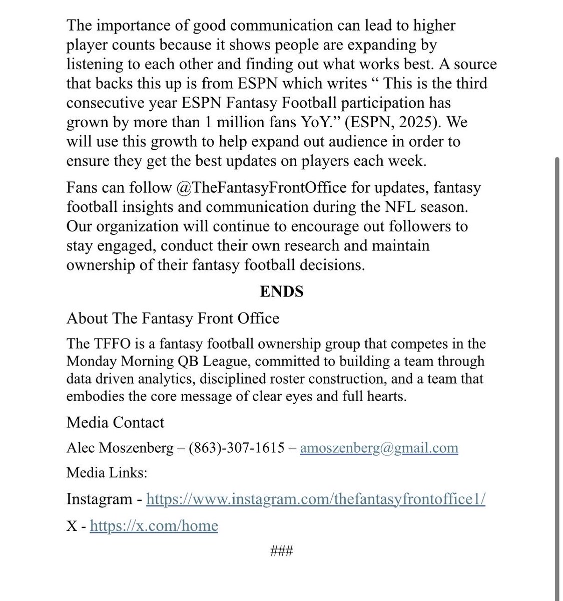 FFRONTOFFICE1's tweet photo. Here you will find The Fantasy Front Office’s most recent press release that explains more about us as an organization and what we bring to the table. #FantasyFrontOffice https://t.co/YljyN1DH9H
