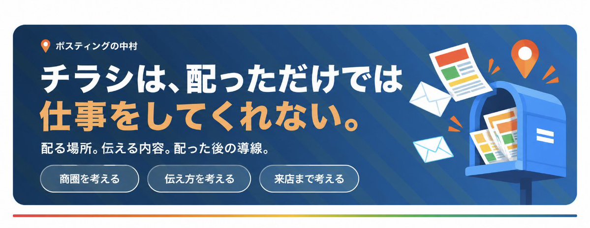 postingnakamura's tweet photo. 【チラシを配りたい。でも、何から頼めばいい？】

配る地域、枚数、印刷、費用。
初めてだと、わからないことが多いですよね。

ポスティングくんは、チラシのデザイン・印刷から配布まで、まとめて相談できます。

配布は全国対応。
GPSの位置情報を記録し、配布後は完了レポートでご報告します。

広く届けたい。
マンションに絞りたい。
特定の地域に知らせたい。

目的に合わせて、配り方を選べます。

まずは「どこに、何枚配りたいか」から。
料金シミュレーターで、配布費用の目安も確認できます。

地域のお客さんに、お店を知ってもらうきっかけを。

サービス・料金はこちら👇
https://t.co/6HttW7ChaL