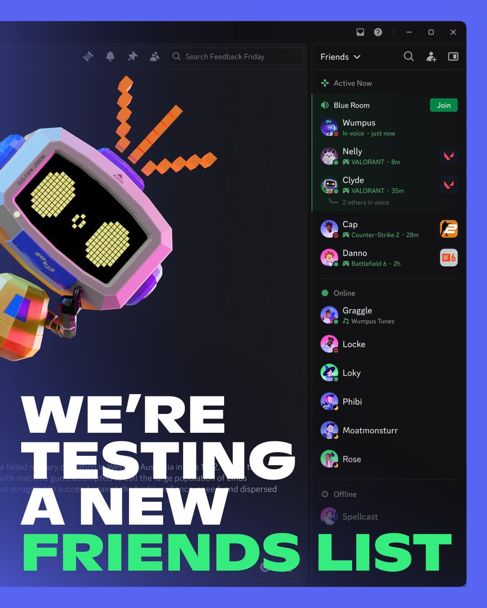 discord_support's tweet photo. If your friends list is looking different, you’re part of an experiment we’re running. 

Let us know your thoughts if you're in the test https://t.co/9zxVi2awXC