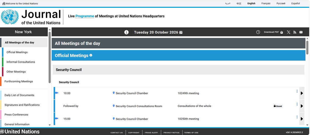 Journal_UN_ONU's tweet photo. 🌐#UNJournalDaily | New York | 20 October 2026

Planning your Tuesday at the UN?

Stay up to date with the Journal of the #UnitedNations. Explore the day's meetings, events and official documents, all in one place.

📖 Available in all six official UN languages:
Arabic: https://t.co/QUC9bdmn5J
Chinese: https://t.co/TwCFGmA44R
English: https://t.co/faJSWqdYd1
French: https://t.co/bnctofn6xt
Russian: https://t.co/SZdYpdhDXZ
Spanish: https://t.co/v41dixAmCG