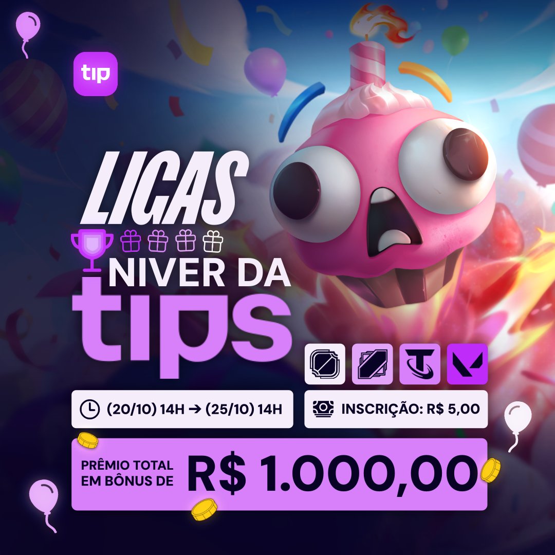 tipspace's tweet photo. Cante parabéns com a gente! 🥳

Hoje completam 4 anos desde o início da Tipspace, e você pode comemorar participando das Ligas de LOL – Ranqueada Solo/Duo; ARAM: Desordem; Teamfight Tactics e VALORANT, que começam às 14h! 🎁

Aproveite os próximos 5 dias para conquistar as melhores colocações e disputar o prêmio de R$ 1.000,00 em bônus em cada uma delas! (Isso aí, cada Liga valendo R$ 1.000,00!) 💵

Lembre-se: suas 3 partidas com mais pontos definirão sua posição no ranking de cada Liga. Então bora tippar! 🔥