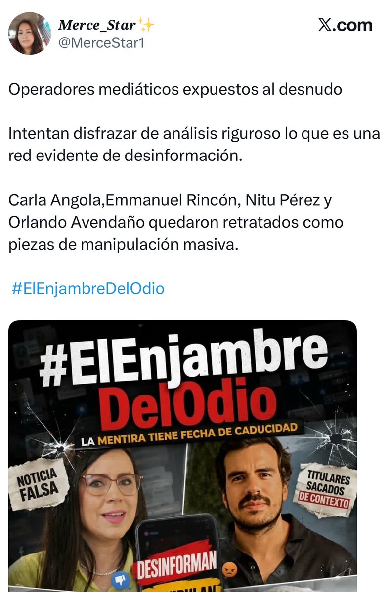 oavendano's tweet photo. Nuevamente puesta en marcha la maquinaria chavista de propaganda para intentar desprestigiarnos.

Son cuentas chavistas, todas. Muchos bots.

Y coinciden con los esfuerzos de Alejandro Betancourt a través de sus recién contratados y muy baratos operadores. 

Atacan al “enjambre”. Es decir, a la gente autónoma que se expresa por aquí.