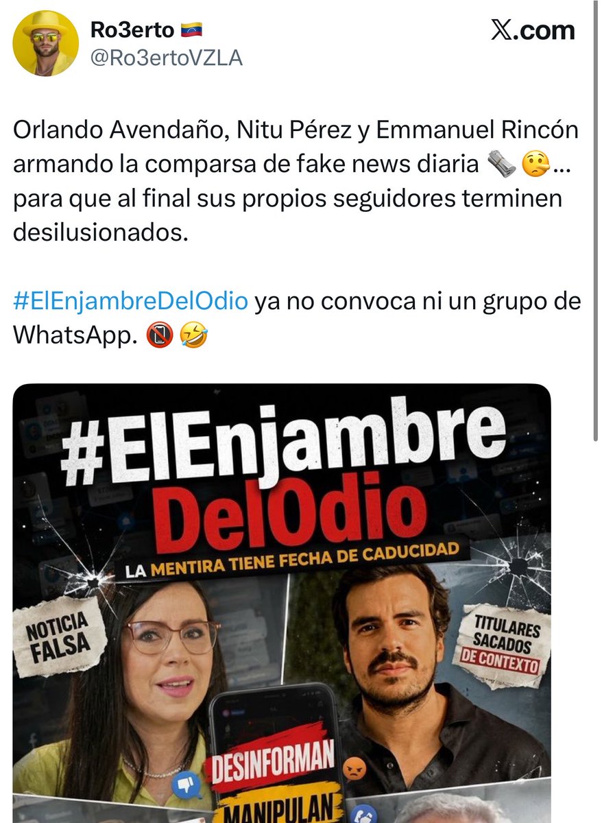 oavendano's tweet photo. Nuevamente puesta en marcha la maquinaria chavista de propaganda para intentar desprestigiarnos.

Son cuentas chavistas, todas. Muchos bots.

Y coinciden con los esfuerzos de Alejandro Betancourt a través de sus recién contratados y muy baratos operadores. 

Atacan al “enjambre”. Es decir, a la gente autónoma que se expresa por aquí.
