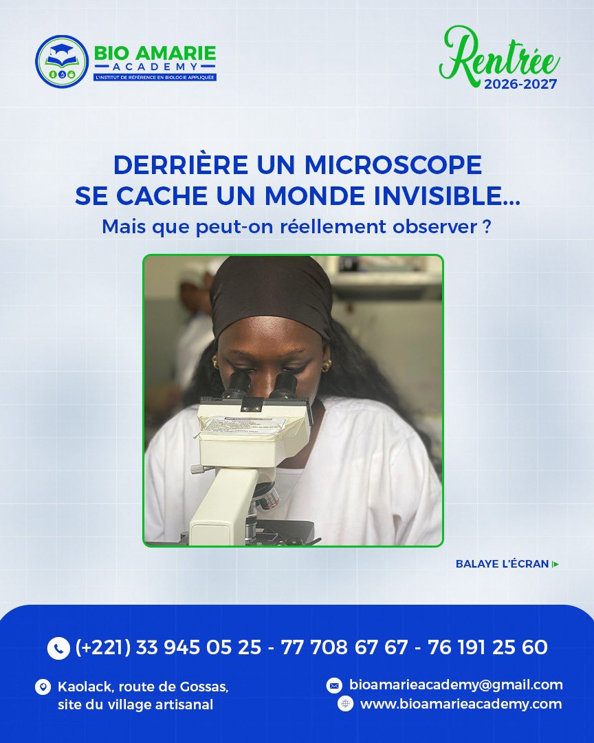 bio_amarie's tweet photo. 🔬 LE MICROSCOPE : UN PETIT OUTIL POUR DE GRANDES DÉCOUVERTES !🧪

Dans un laboratoire, certains éléments sont invisibles à l’œil nu. C’est là que le microscope entre en jeu !

🔍 Observer des cellules
🩸 Examiner certains éléments du sang
🧫 Étudier des structures microscopiques
🎯 Développer la précision et le sens de l’observation

Derrière chaque manipulation, il y a des connaissances scientifiques, de la rigueur et de la pratique.

🎓 Tu souhaites découvrir l’univers des Analyses Biologiques ?

BIO AMARIE ACADEMY propose des formations en Analyses Biologiques : BT • BTS • Licence.

📍 Kaolack — Route de Gossas, site du Village Artisanal.

📞 33 945 05 25 / 77 708 67 67 / 76 191 25 60

💬 Question du jour : as-tu déjà utilisé un microscope ? Réponds en commentaire : OUI ou PAS ENCORE ! 👇

#BioAmarieAcademy #AnalysesBiologiques #Microscope #Biologie #Laboratoire #FormationProfessionnelle #Kaolack