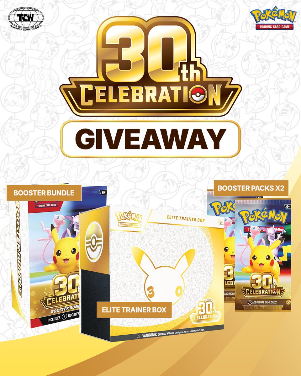 TradingCardWRLD's tweet photo. Another 30th Celebration giveaway is here 🚨

We're giving away FOUR prizes to our TCW community!

Prizes 🎁
1x 30th Celebration Elite Trainer Box
1x 30th Celebration Booster Bundle
2x 30th Celebration Booster Packs

To Enter 👇
1️⃣ Follow @TradingCardWRLD
2️⃣ Like & RT
3️⃣ Tag A Friend

Giveaway Ends 10/31⏰