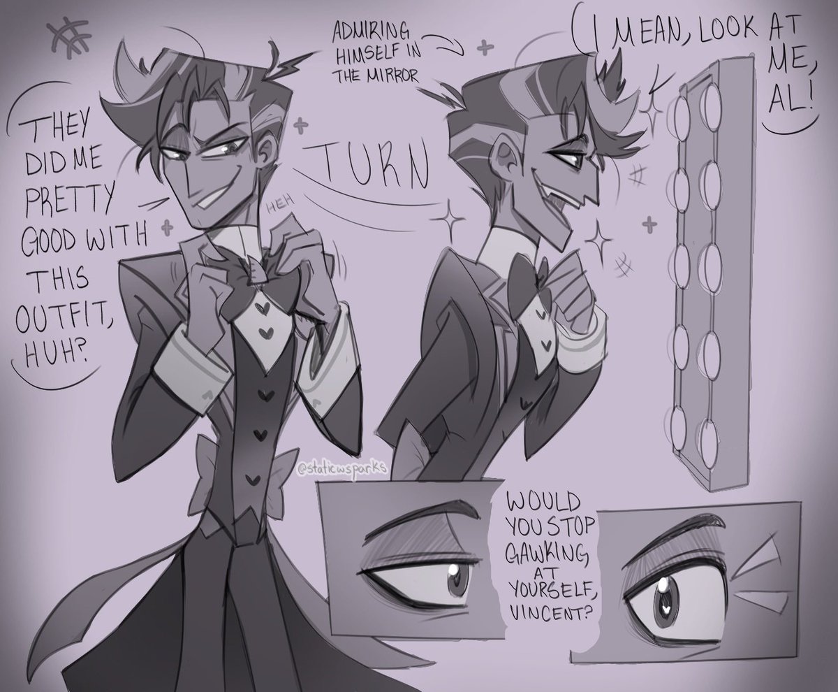 staticwsparks's tweet photo. Projecting onto Vincent here, I LOVE THEIR NEW OUTFITS SO MUCH

#murdermedia #radiostatic #hazbinhotel https://t.co/Mlkl5paxeR