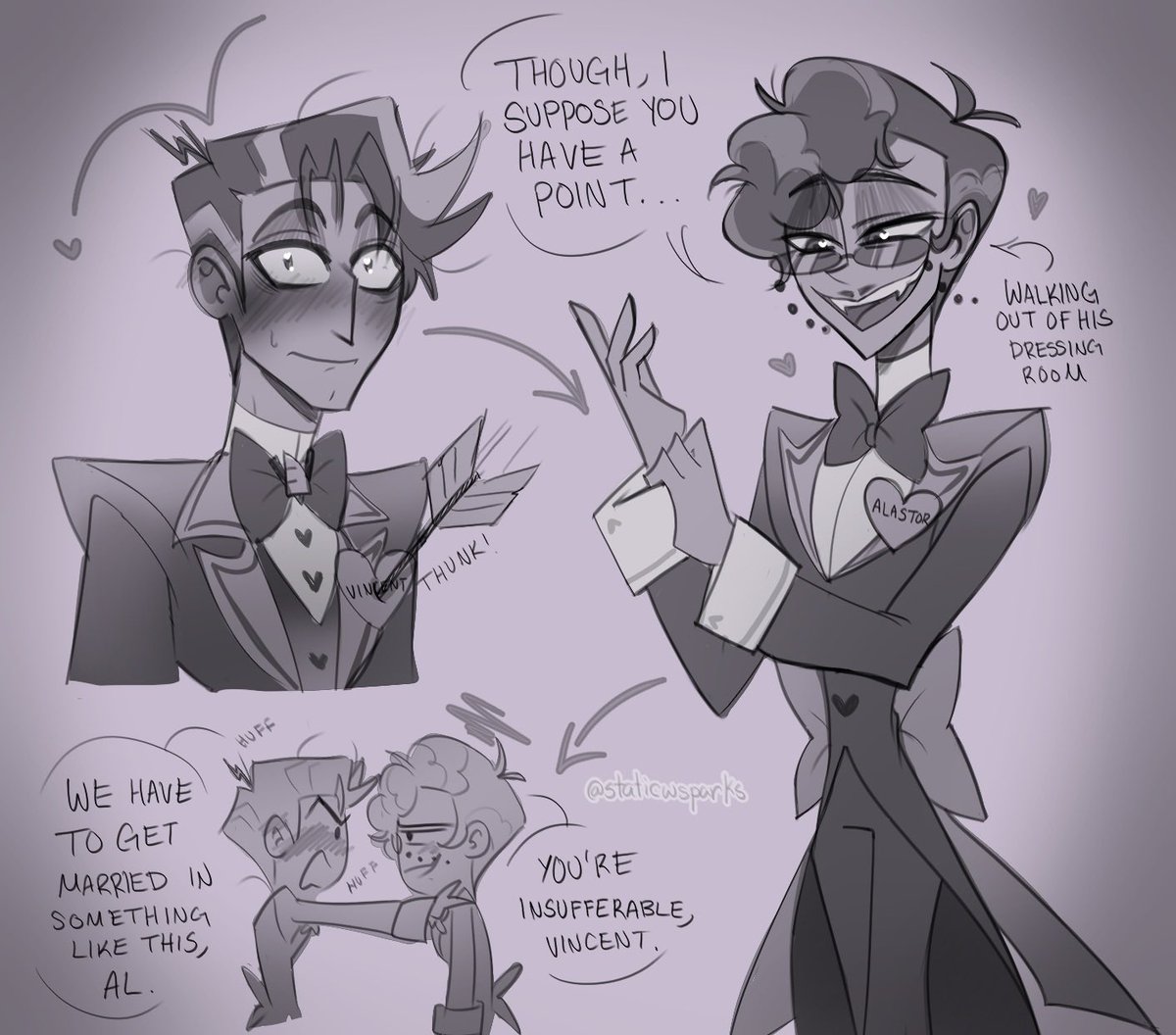 staticwsparks's tweet photo. Projecting onto Vincent here, I LOVE THEIR NEW OUTFITS SO MUCH

#murdermedia #radiostatic #hazbinhotel https://t.co/Mlkl5paxeR
