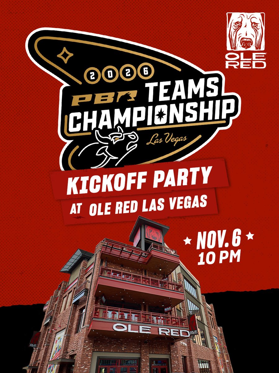OleRed's tweet photo. PBR Week starts here! 🤠🍻🐂 

Vegas, let’s kick things off right! Join us on November 6th at 10PM for our PBR Teams Kickoff Party.

PBR ticket holders get skip-the-line access, plus PBR giveaways and more all night long. Grab your crew and let’s get this rodeo started! 🎸 https://t.co/JaqGi4dV8q