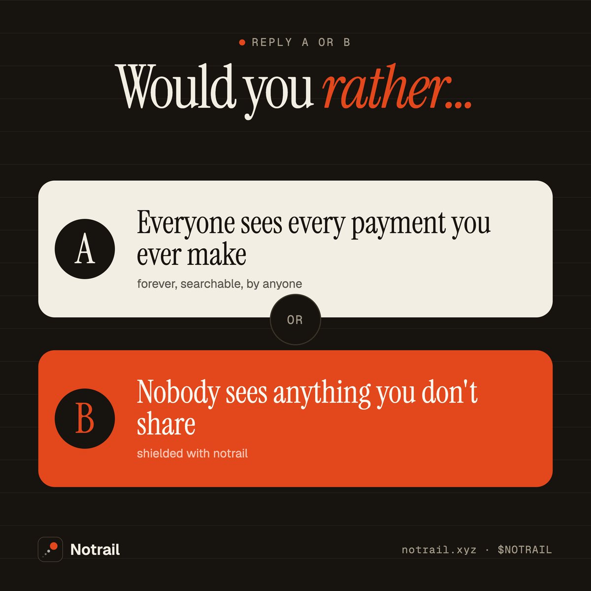 NOTRAIL__'s tweet photo. Would you rather… 👇

A: everyone sees every payment you ever make
B: nobody sees anything you don't share

reply A or B https://t.co/Wb68rbij0t