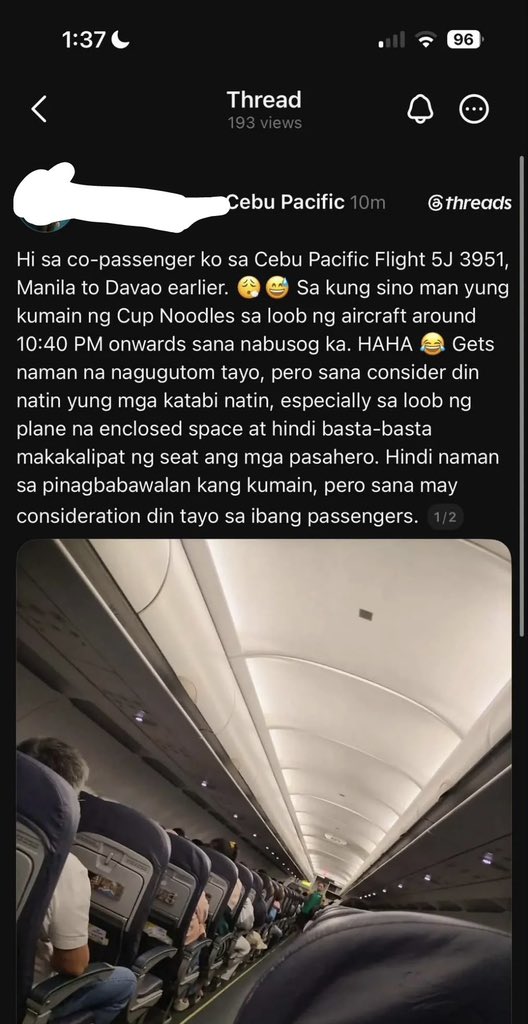 sarcastic_ph8's tweet photo. Super petty naman talaga ni ateh? Sobrang liit na bagay, big deal sayo? FYI, airlines serve different kinds of food, including fish, beef, and pork, and some even sell cup noodles. So bakit kailangang mag-inaso? Daming entitled na ngayon sa social media, mga iyakin naman pag binalikan. Tsee!