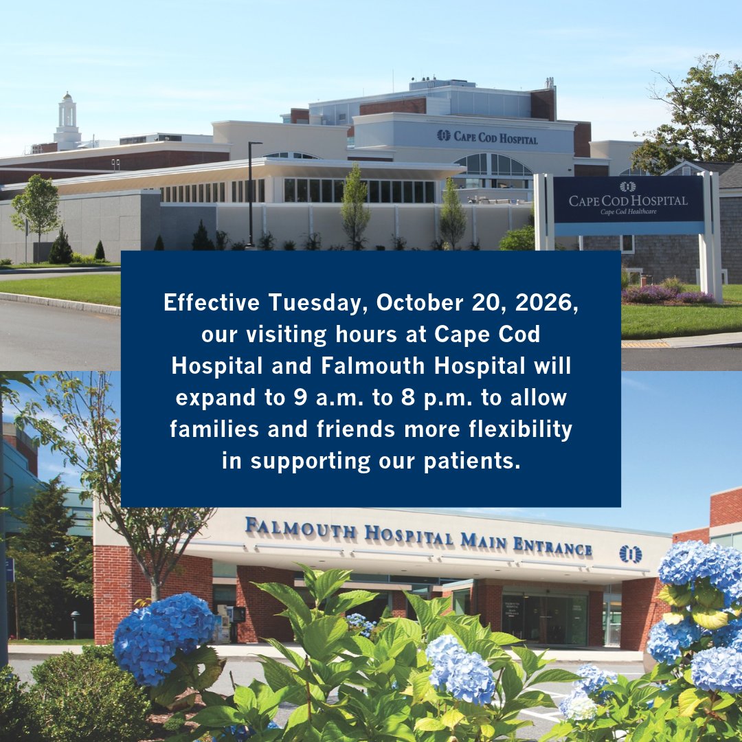 CapeCodHealth's tweet photo. Effective Tuesday, October 20, 2026, our visiting hours at Cape Cod Hospital and Falmouth Hospital will expand to 9 a.m. to 8 p.m. to allow families and friends more flexibility in supporting our patients. Learn more at https://t.co/Yst3AUmli5 https://t.co/sELQ7IPnIx