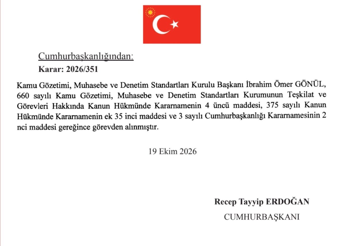 PiyasaOttoman90's tweet photo. 🚨 #SONDAKİKA Eski SPK Başkanı Ömer Gönül, Kamu Gözetimi, Muhasebe ve Denetim Standartları Kurumu Başkanlığı görevinden alındı.

#Bist100 #Borsa #Fon #Spk https://t.co/OTAlqM6rnh