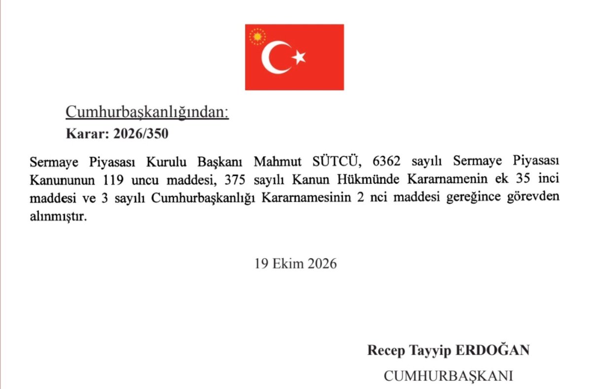 PiyasaOttoman90's tweet photo. 🔴 Cumhurbaşkanı kararıyla SPK Başkanı Mahmut Sütçü görevinden alındı.

#Bist100 #Borsa #Spk #Fon https://t.co/g2BPB0SMuE