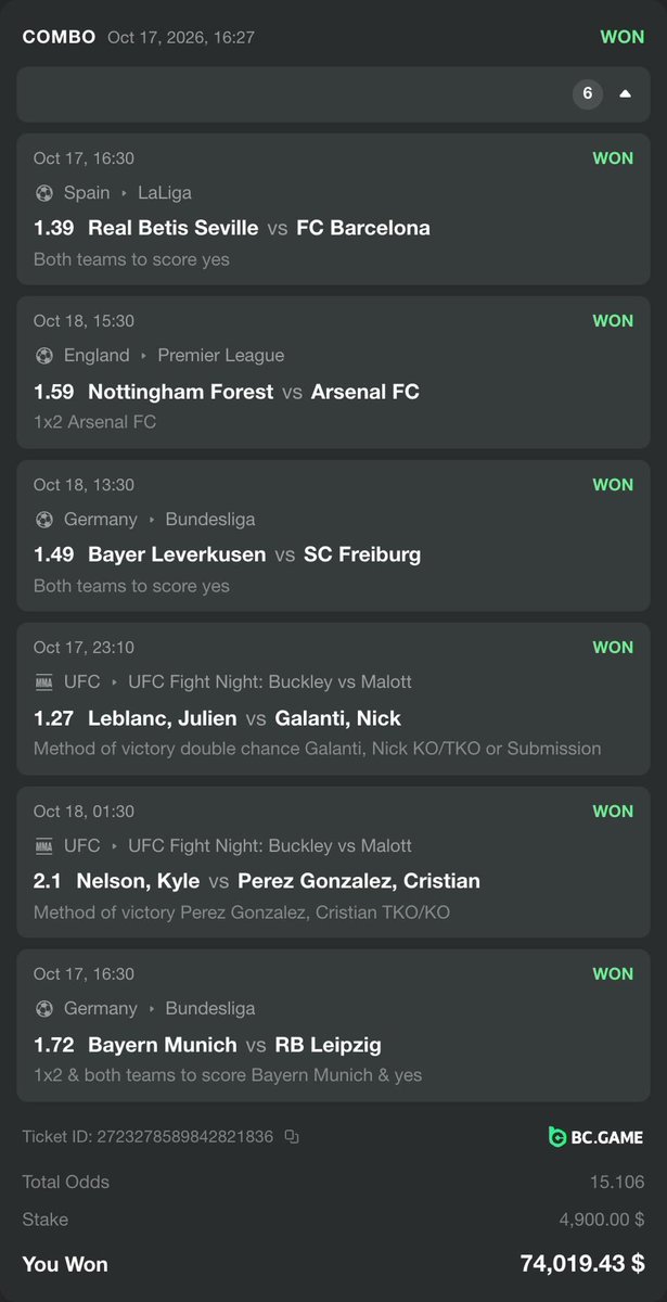 bcgame's tweet photo. Someone put football and UFC on the same ticket… and turned $4.9K into $74K. 🤯 https://t.co/F6wtGhfyS1